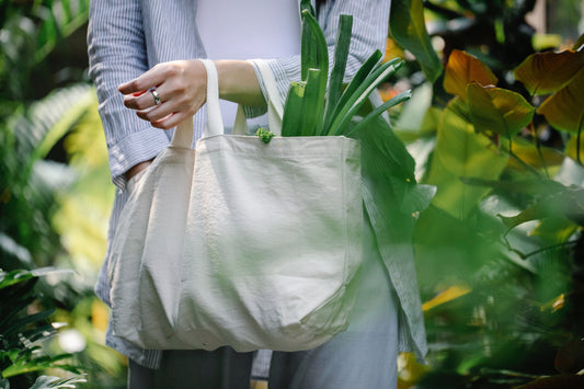 Woman Carrying Natural Sustainable Bag Plant Fibers Take Heart Textiles