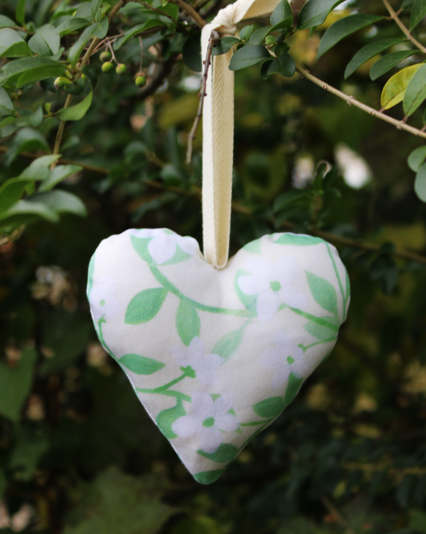 Green and White Floral Organic Cotton Heart Ornament